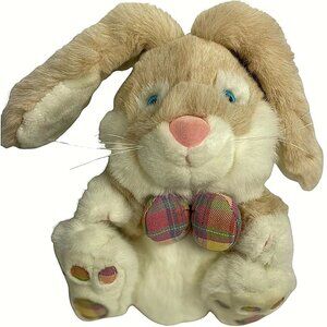 SKM Beige Bunny Rabbit Plush Easter stuffed animal Plaid Feet and bow 10"